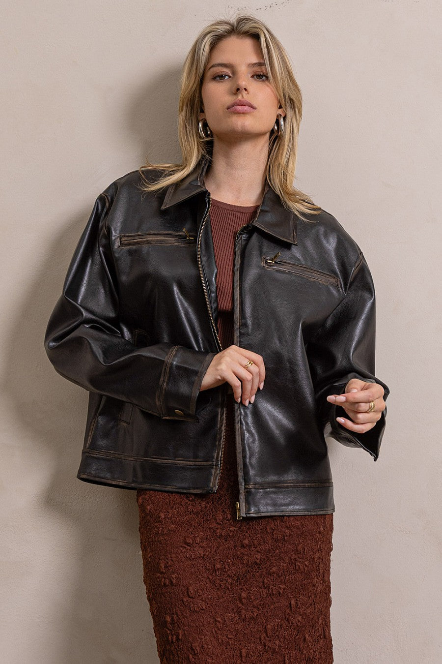 Lisa Distressed Vegan Leather Jacket